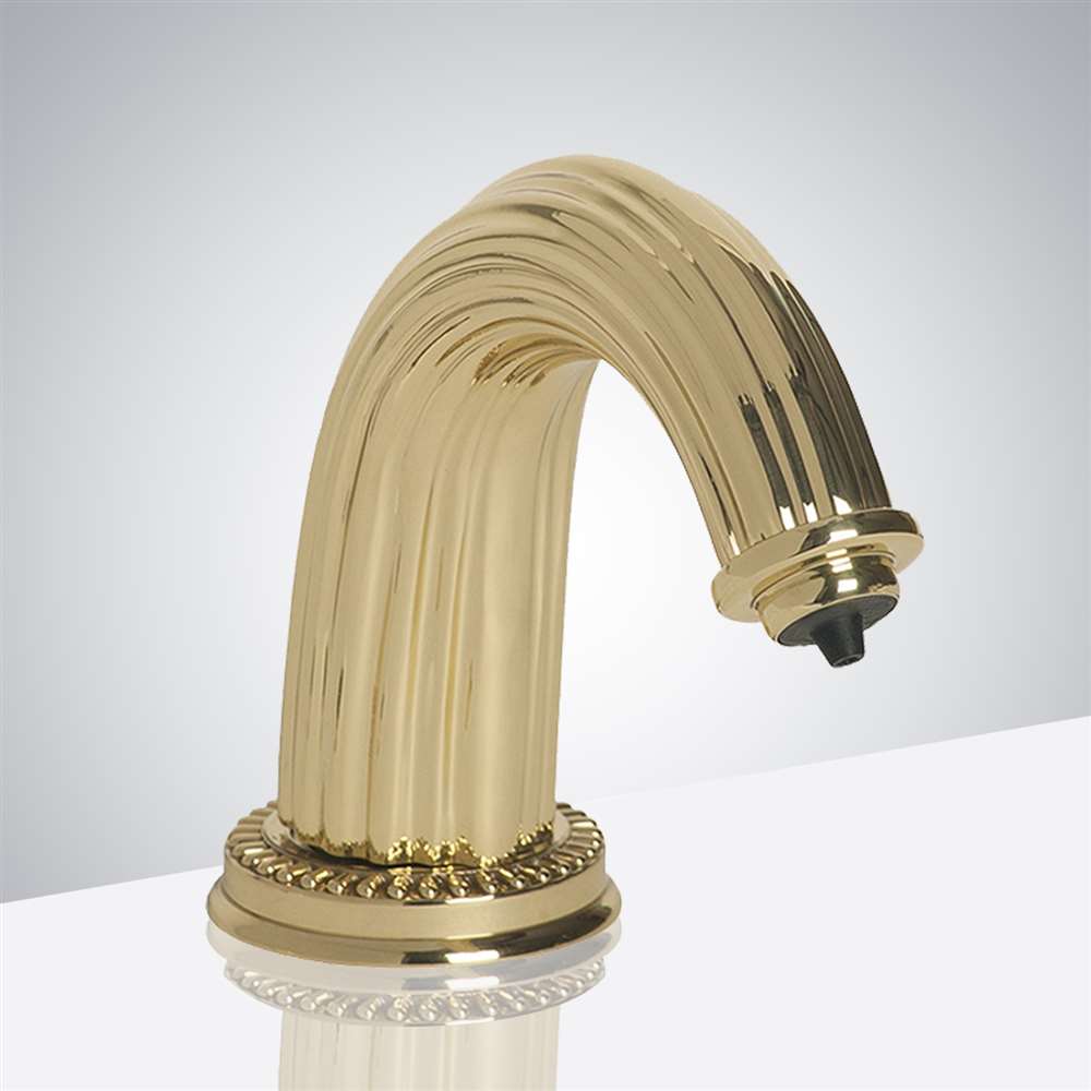 Venice Polished Gold Finish Deck Mount Commercial Sensor Soap Dispenser With Horizontal Lines Design Over It